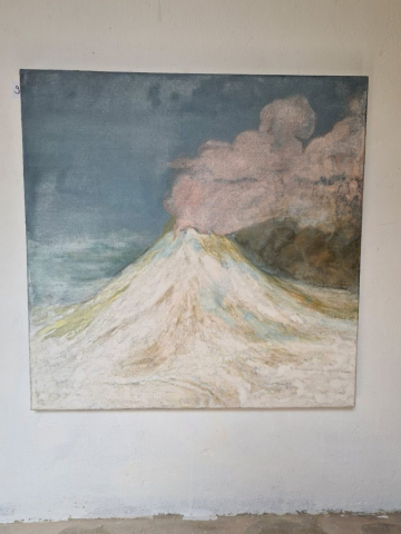 Bildnis von Mount Fuji, japanische Mineralpigmente auf Holz, Kunstwerk von Jie Li